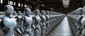 Humanoid robots standing in a factory